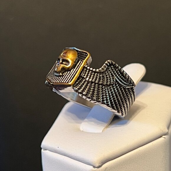 **Stainless Steel Winged Gold Skull Ring - Picture 3 of 4